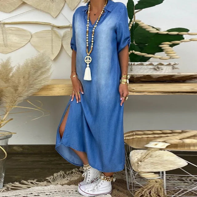 Catherine™ | Robe longue en denim avec fente sur le côté