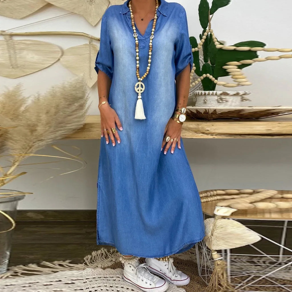 Catherine™ | Robe longue en denim avec fente sur le côté