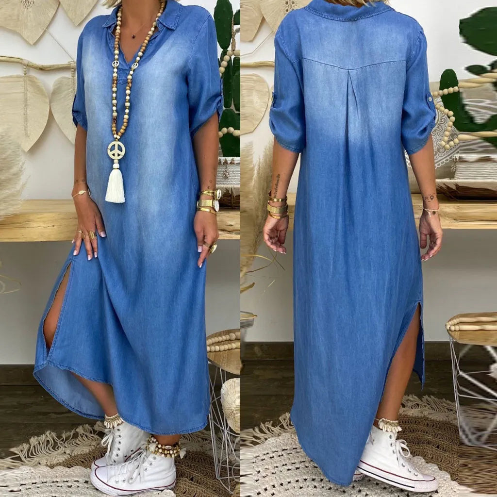 Catherine™ | Robe longue en denim avec fente sur le côté