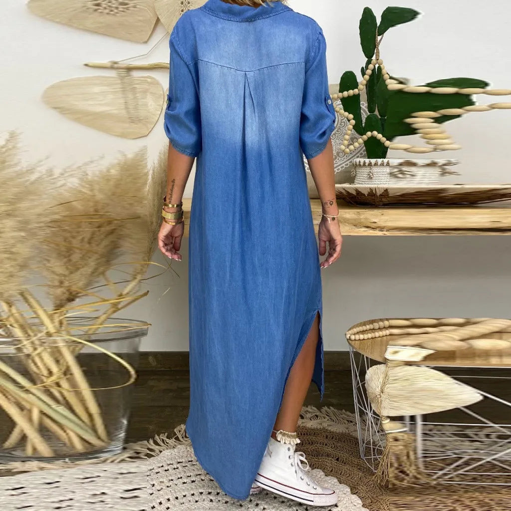 Catherine™ | Robe longue en denim avec fente sur le côté