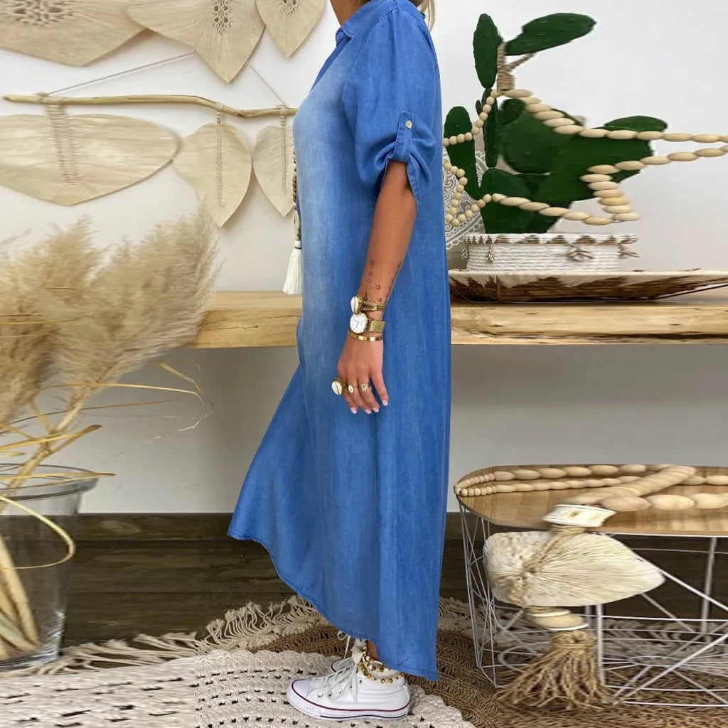 Catherine™ | Robe longue en denim avec fente sur le côté